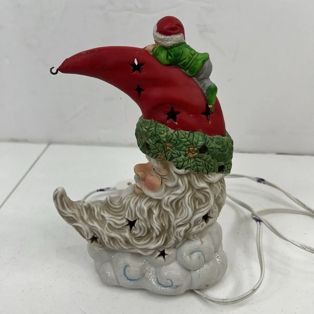 Vintage Santa Moon Night Light Ceramic Christmas Elf Star Cutouts Decor WORKS